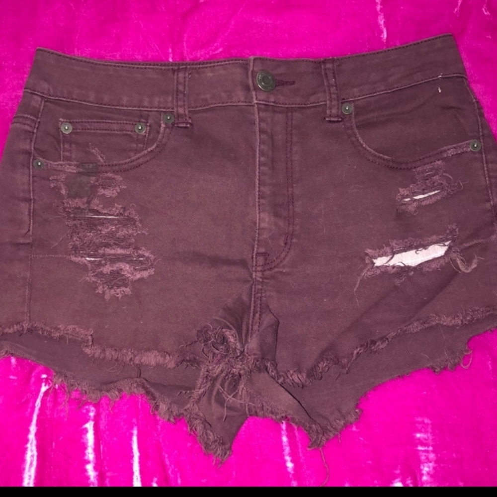 American Eagle maroon high waisted ripped shorts